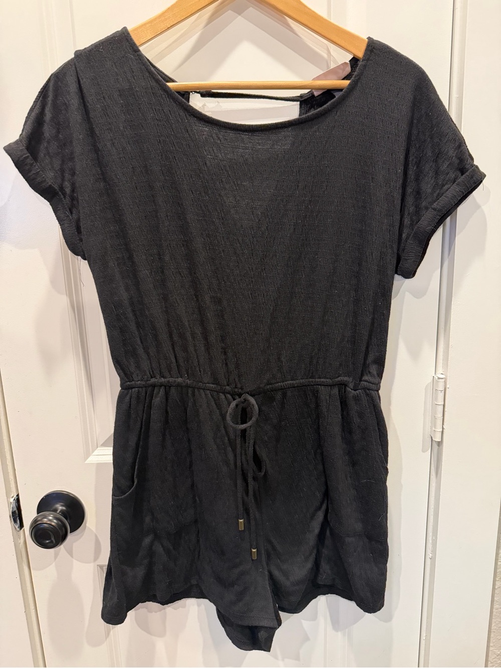 Universal Thread Black Short-Sleeve Swim Cover-Up Romper with Drawstring